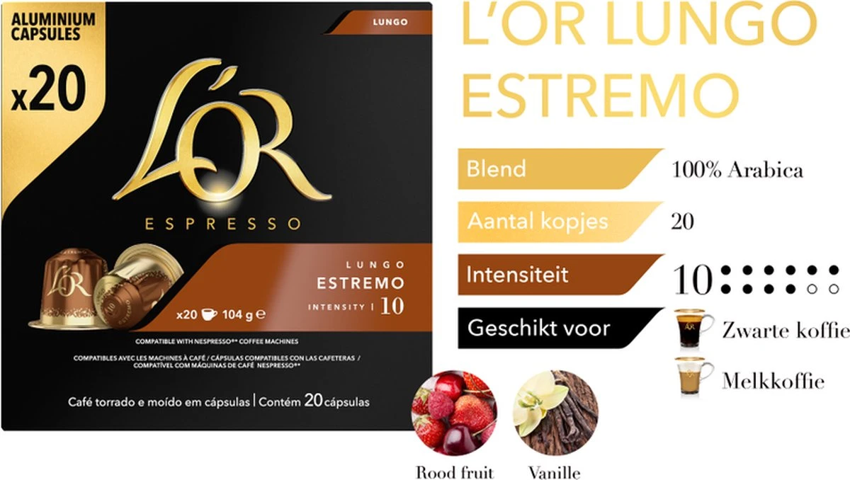 L'OR Lungo Estremo (10) - 10 X 20 Koffiecups 6 L'OR Lungo Estremo (10) - 10 X 20 Koffiecups - Afbeelding 4