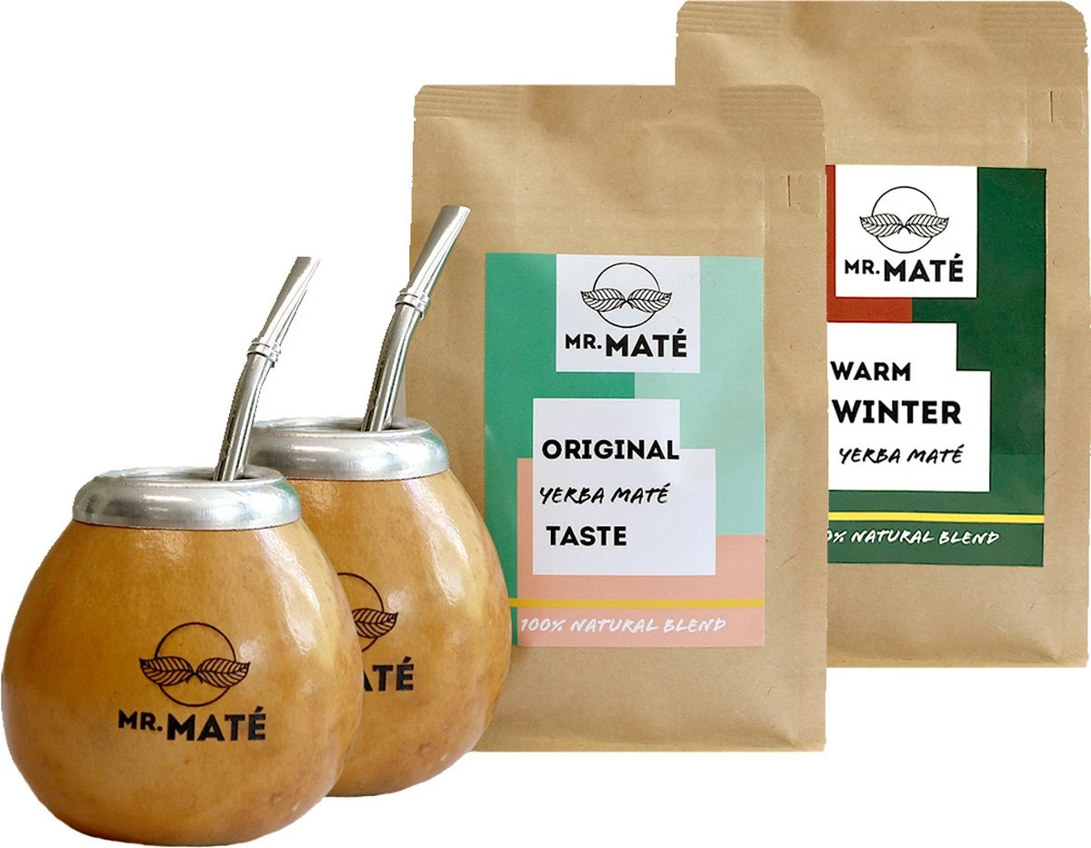 Yerba Mate Starterspakket Duo - 2x Traditionele Kalebas - 2x Bombilla - 1x Original & 1x Winter Yerba Maté 3 Yerba Mate Starterspakket Duo - 2x Traditionele Kalebas - 2x Bombilla - 1x Original & 1x Winter Yerba Maté