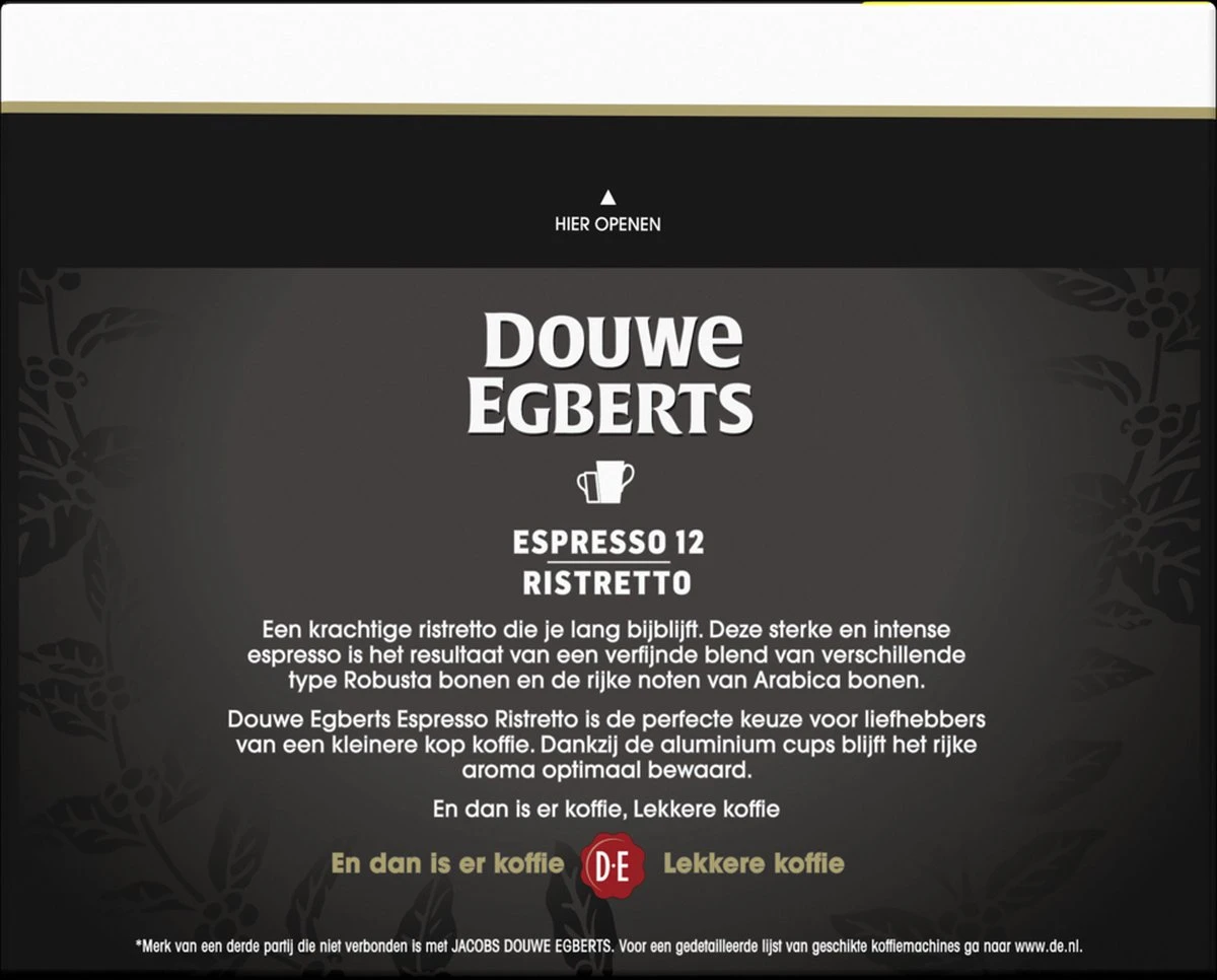 Douwe Egberts Espresso Ristretto Koffiecups (12) - 5 X 40 Koffiecups 4 Douwe Egberts Espresso Ristretto Koffiecups (12) - 5 X 40 Koffiecups - Afbeelding 2
