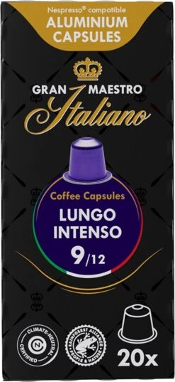 Gran Maestro Italiano - Lungo Intenso - Koffiecups - Nespresso Compatibel Capsules - Krachtige Smaak - 6 X 20 Cups -Veilige Voedselwinkel 552x1200 1